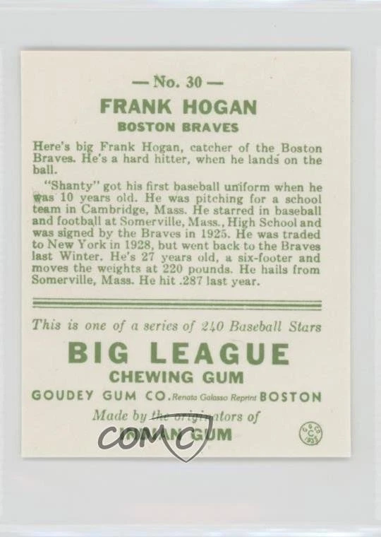 1983 Renata Galasso 1933 Goudey Reprints Frank Hogan #30 - Image 2 of 2