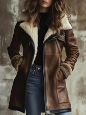 Women’s Shearling Sheepskin Leather Coat | Brown Shearling Coat with Fur Collar