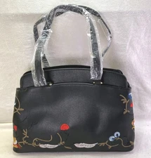 J Francis Shoulder Handbag Embroidered Black Faux Leather Zip ClosureTop Handle 