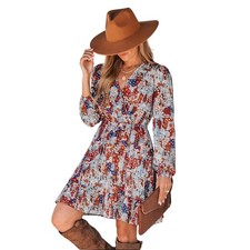 Cupshe Sz Small Long Sleeve Floral Faux Wrap Boho Short Dress Surplice Festival