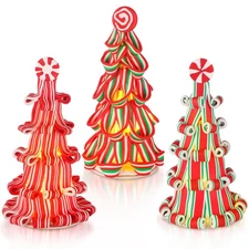 3 Pcs Christmas Ribbon Candy Tree Tabletop Decor 7 Inches Mini Light up Resin...