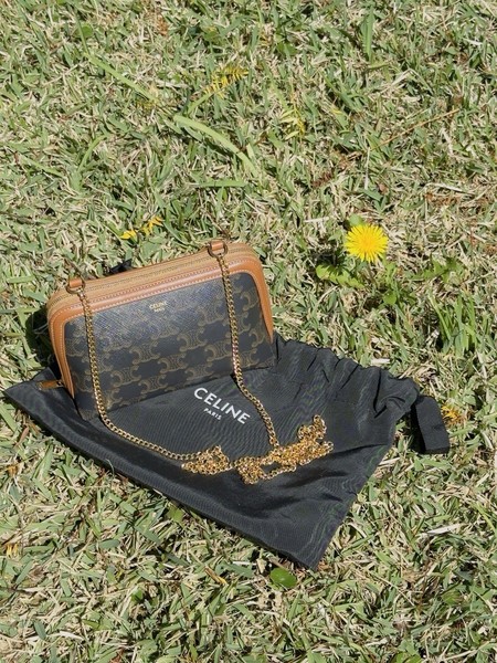 CELINE Brown Monogram Canvas/Leather Zip Shoulder Bag Gold Chain Dust Bag/Box