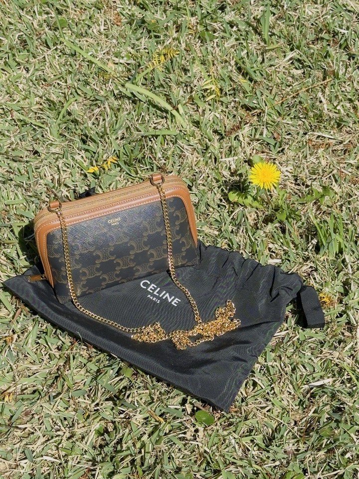 CELINE Brown Monogram Canvas/Leather Zip Shoulder Bag Gold Chain Dust Bag/Box