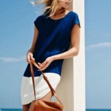 Madewell Dress Women’s Large Blue White Colorblock V Back Round Hem Cap Sleeve