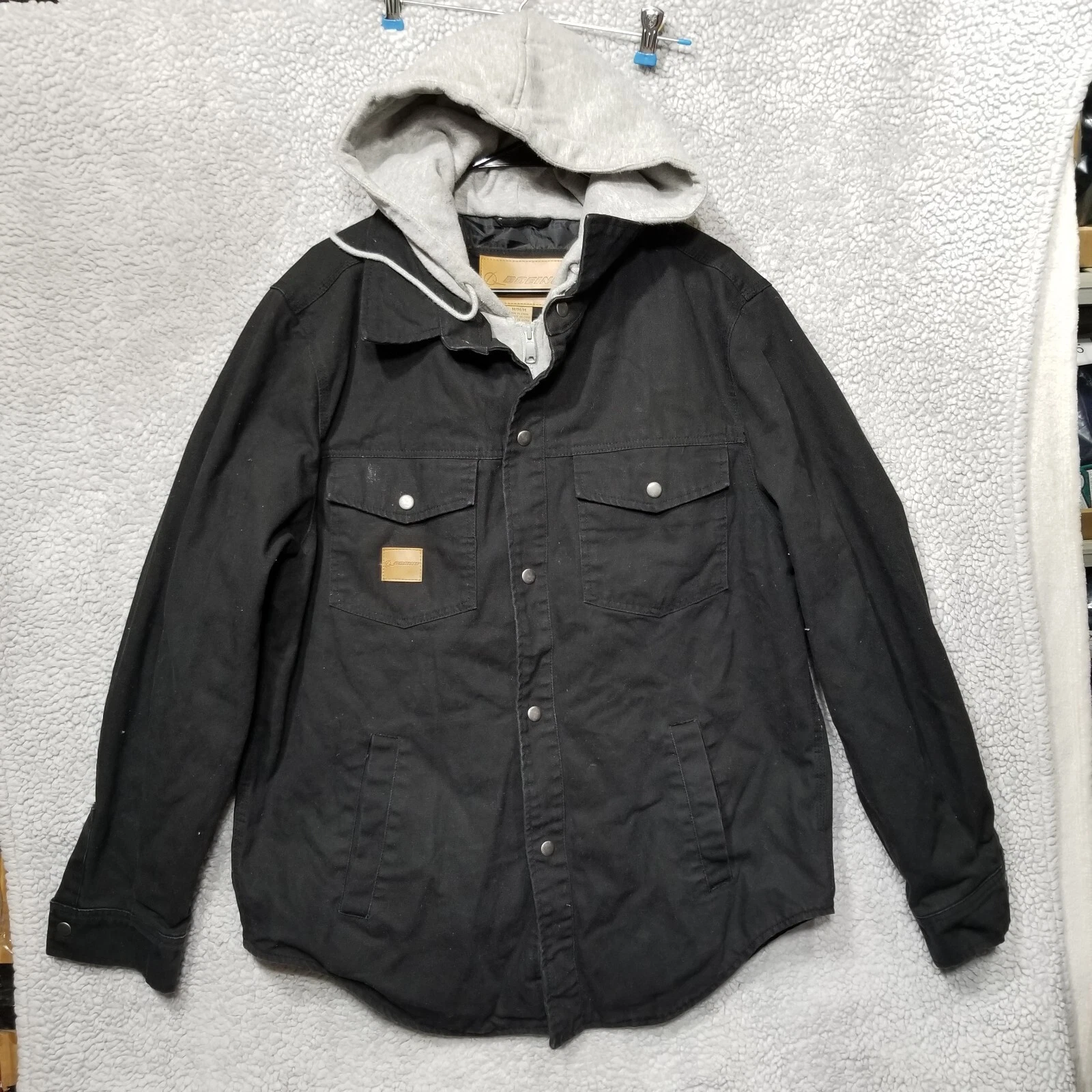 BOEING Black Denim Jean Jacket Quilt Lined Snap Button With Hoodie Size Medium