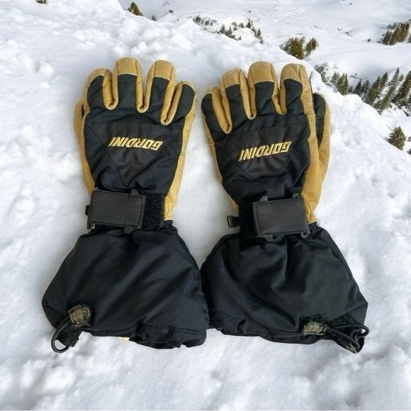 GORDINI Black Beige Leather Palm Nylon Polyurethane Ski Snow Gloves Sz Small G+