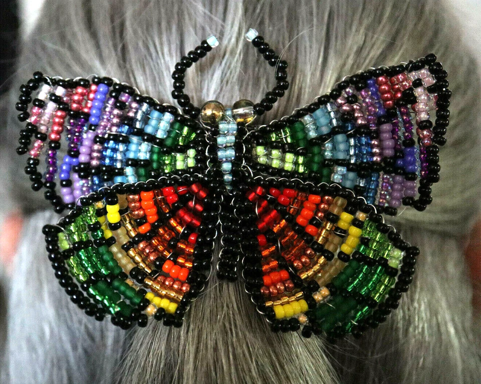 BARRETTE HAND BEADED FRENCH HAIR CLIP BUTTERFLY HAIR ACCESSORY RAINBOW  4"X3"  L - Image 4 of 4