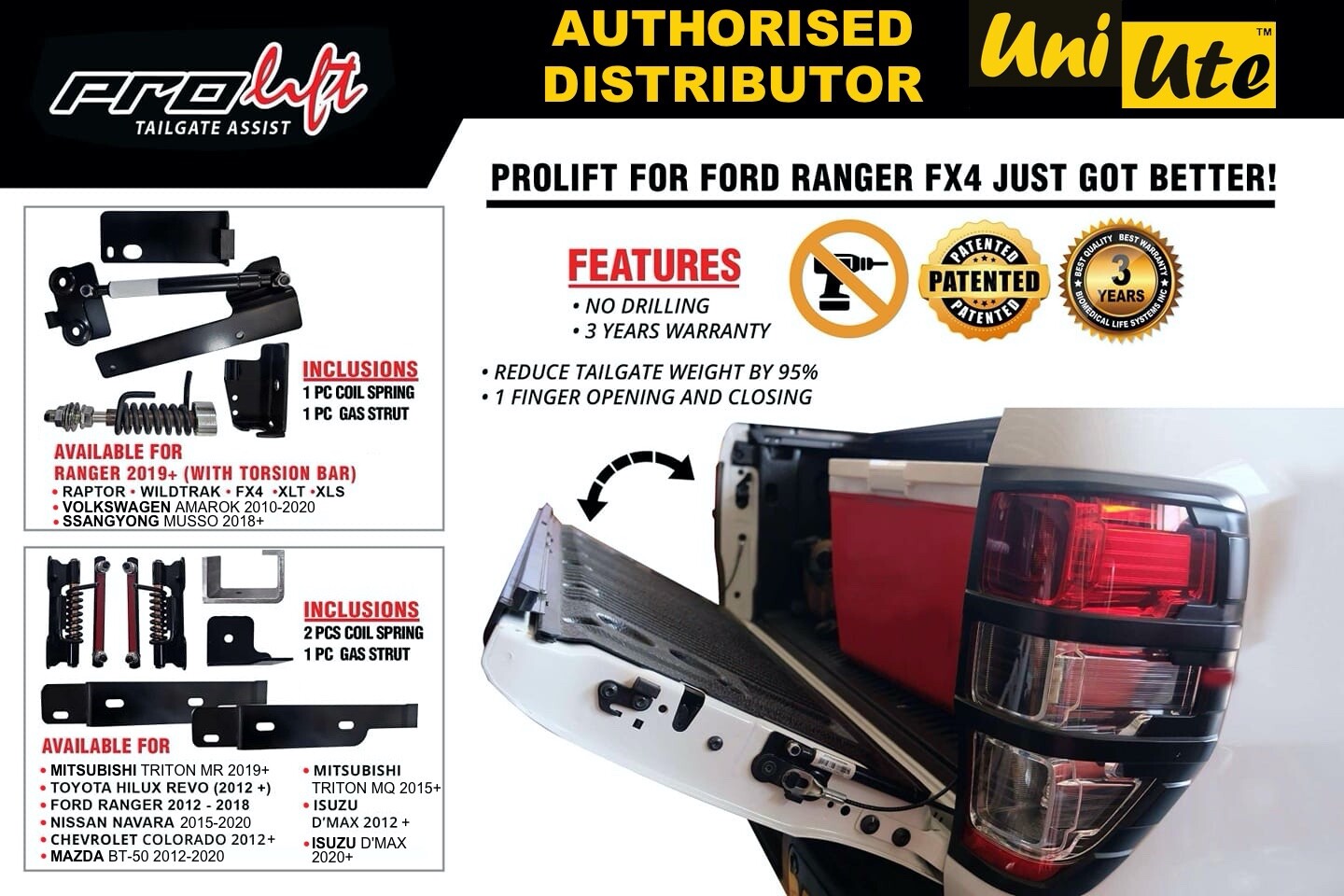 PROLIFT EASY UP & EASY DOWN TAILGATE ASSIST FOR FORD RANGER WILDTRAK