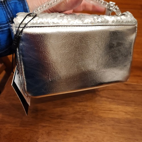 Nicole Miller Silver Sequin Chain Strap Crossbody Small Bag Purse Card Slots NWT - Picture 2 of 5
