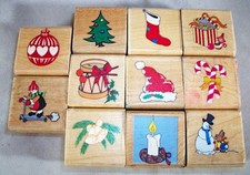 Lot of 11 Christmas Rubber Stamps, mounted on wood, 1.25" Tree, Snowman, Present