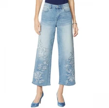 NWT DG2 by Diane Gilman Wide Leg Cropped Embroidered Floral Frayed Jeans- Size 6