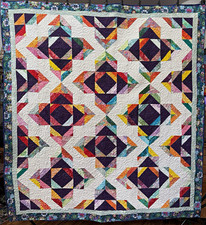 Handcrafted Purple  Vibrant Colors Lotus Blossom Pattern Patchwork Quilt 82x76  