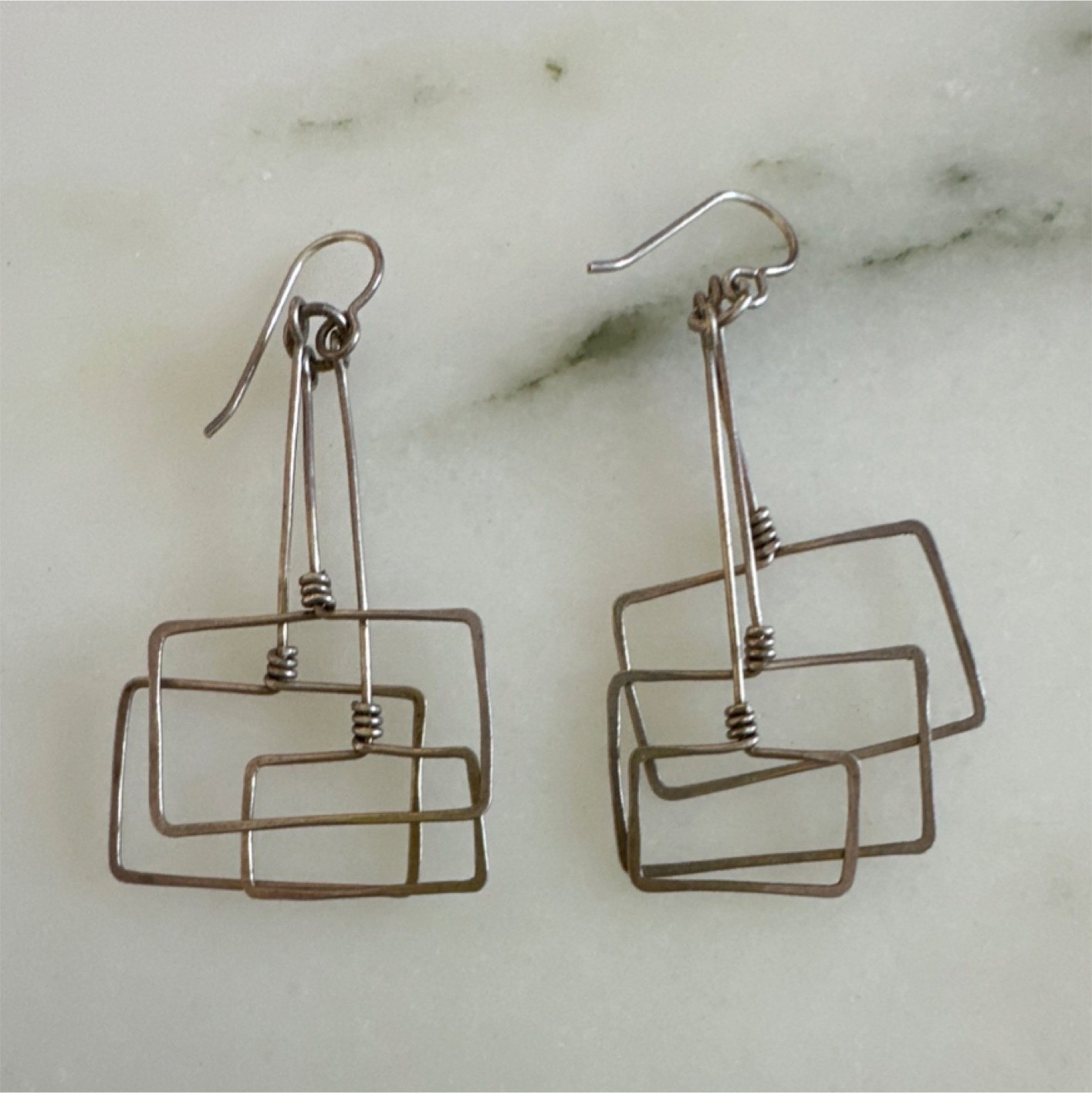 Silver Rectangle Geometric Metal Dangle Drop Earr… - image 1