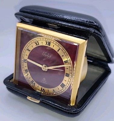 Vintage Imhof Swiss 8 Day Travel Clock 15 Jewels Burgundy Dial Folds Box Papers
