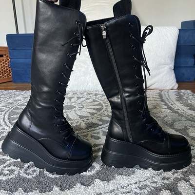 Black Goth Platform Boots Mid Calf LaceUp Wedge Punk Rave Demonia-Style NWOB 7.5