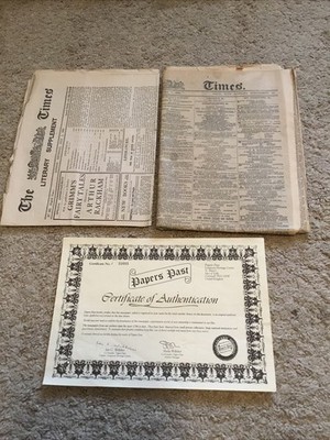 PAPERS PAST 2x Vintage THE TIMES Broadsheet Newspapers July 1st 1909 w/ COA
