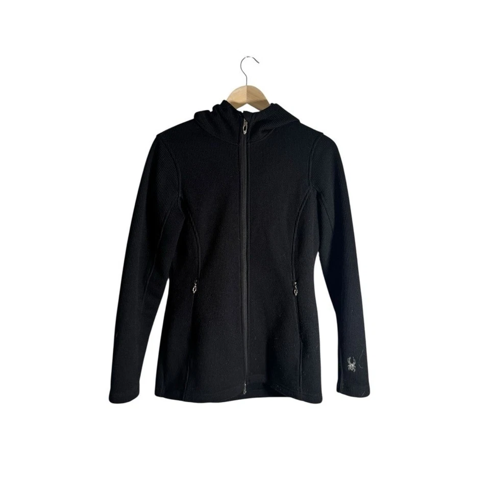 Chaqueta Spyder Para Mujer Cremallera Completa Tejida Informal Exterior Top Negra Con Capucha Talla Mediana Foto 4 de 4