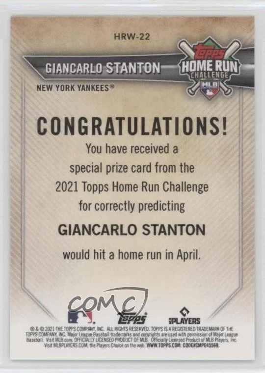 2021 Topps Home Run Challenge Winner April /420 Giancarlo Stanton #HRW-22 - Image 2 of 2