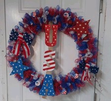 Decorative 4th Of July Wreath Large Flashy USA Stars Poms Pins Handmade