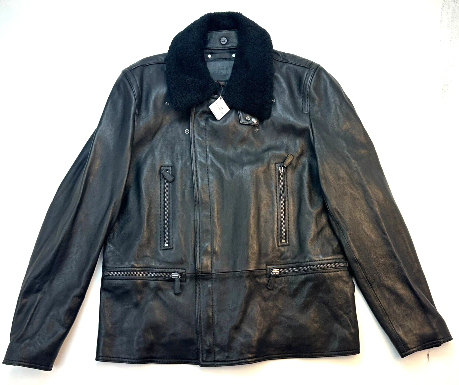 Giacca Coach New York nera lunga pelle moto shearling uomo taglia L nuova