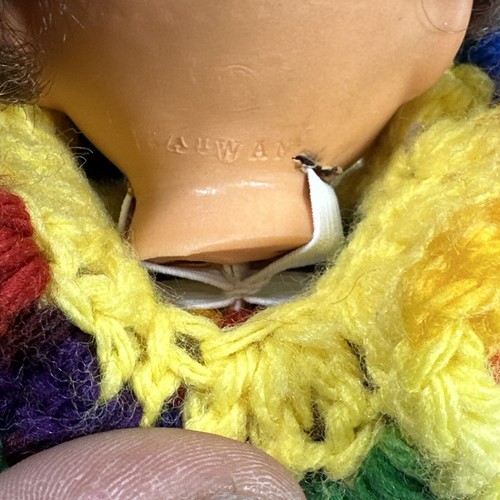 Vintage Handmade Crochet Doll Clown Yarn Disc 9" Orange Green Red Yellow Bells - Picture 10 of 11