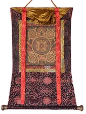 HAND-PAINTED BUDHHA LIFE  MANDALA TIBETAN THANGKA PAINTING WITH SILK BROCADE