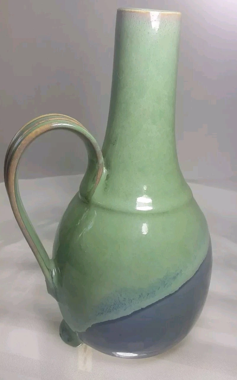 Artistic Earth Pottery Olive Oil Cruet Blue Green 7.5" Studio Art