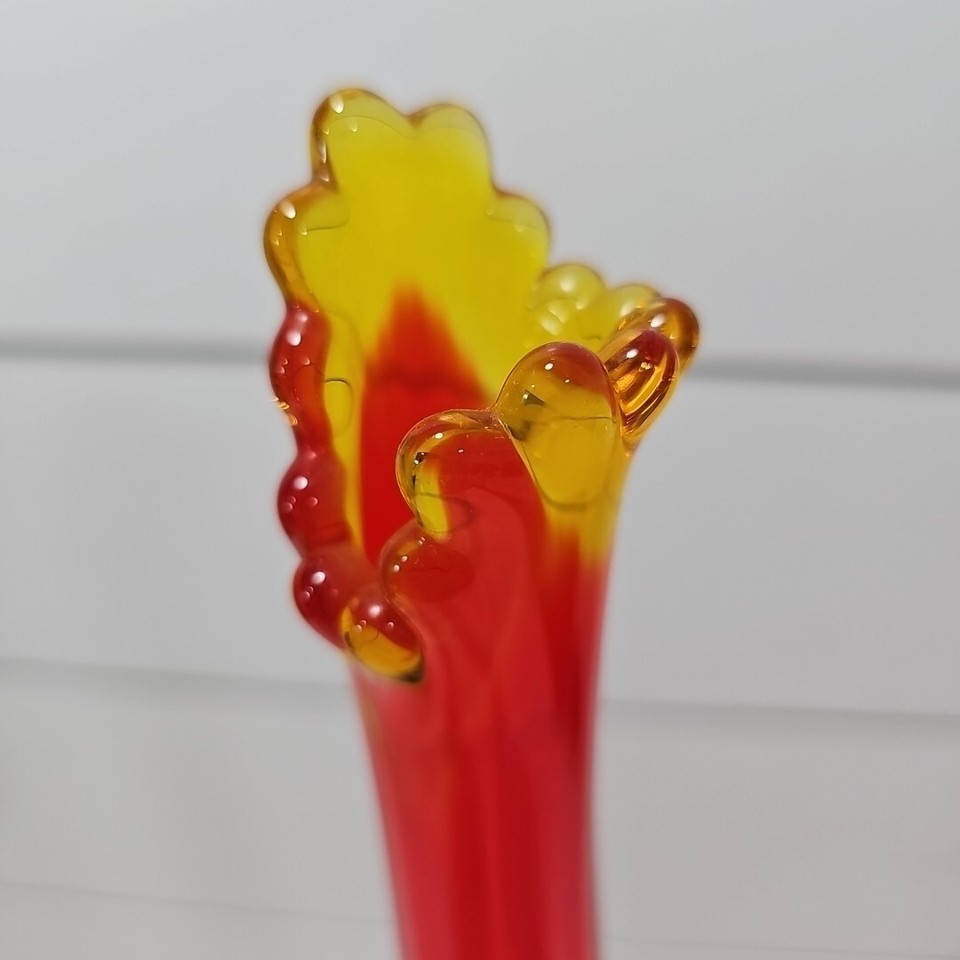 Vtg Fenton Glass Swung Vase Thumbprint Colonial Orange Amberina 18” MCM ...