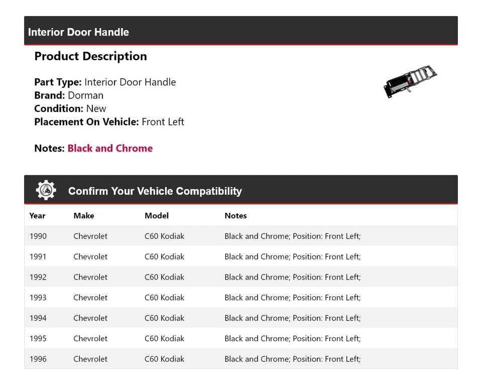 Manija de puerta interior delantera izquierda 1991 para Chevrolet C60 Kodiak Dorman 1990-1996 Foto 2 de 4