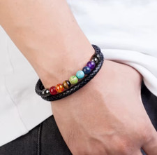 7 Chakra Stone Bead Bracelet Mens Leather Braided Bracelet Bangle Magnetic Clasp