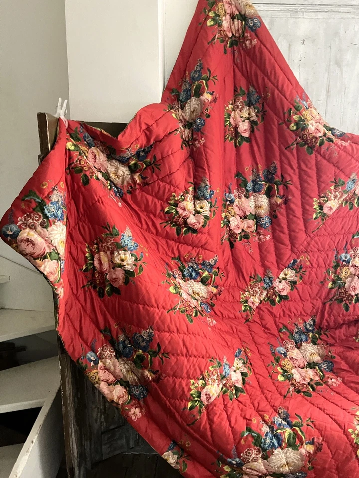 БОЛЬШИЕ винтажные французские цветочные ЛОСКУТНЫЕ КРАСНЫЕ букеты роз c1950 - Изображение 2 из 4