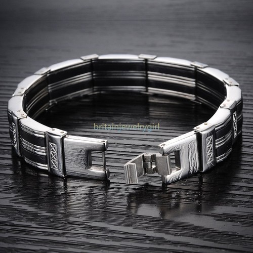 8.2" Black Silicone Silver Tone Link Cross Men's Stainless Steel Bangle Bracelet - Bild 4 von 7