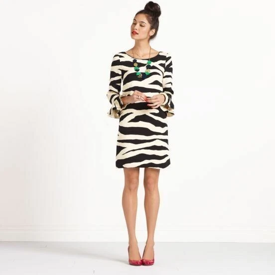 Abito Kate Spade seta crema zebra nera stampa a righe Andora manica flauto UK 8