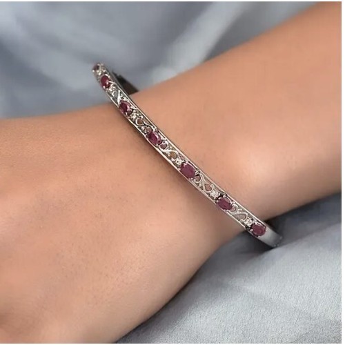 Natural African Ruby Bangle with Zircons in Stainless Steel Anniversary Gift - Picture 3 of 8