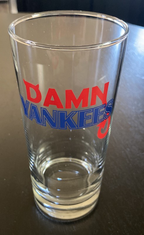 DAMN YANKEES Glass Beverage Tumbler Barware Baseball Devil Tail Musical Broadway
