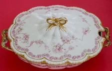 Haviland Limoges Porcelain France Tureen Covered Vegetable Dish Pink ROSES Gold