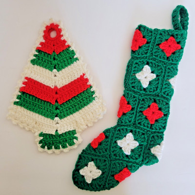 Vintage Crocheted Christmas Stocking & Pot Holder MCM Granny Square Lot of 2