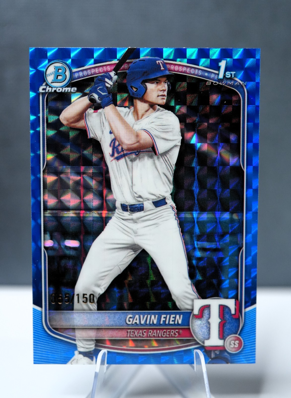 2025 BOWMAN DRAFT CHROME BLUE GEOMETRIC 55/150 GAVIN FIEN RC RANGERS BDC-15