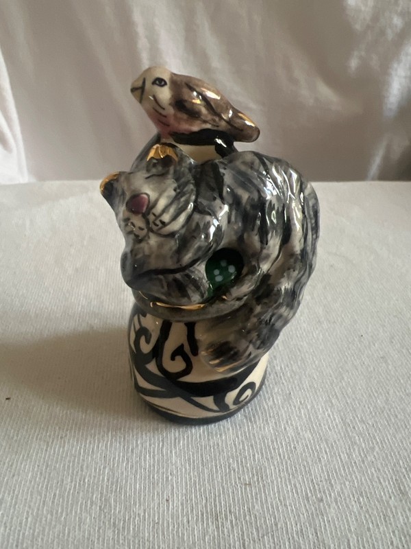 Blue Sky Clayworks Heather Goldminc Cat & Bird Candle Snuffer Hand Painted 2.5"