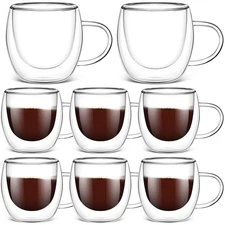 Didaey 8 Pack 8 oz Glass Coffee Mugs Clear Insulated Glass Espresso Coffee Cu...