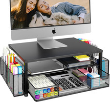 Desk Organizer 2 Tier Monitor Stand Riser with Drawer Pen Holders Laptop Black