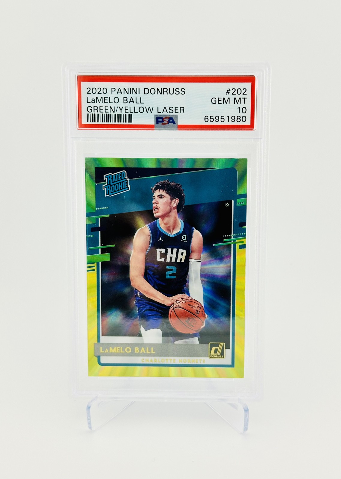 2020-21 Panini Donruss Rated Rookie LaMelo Ball #202 Green Yellow Laser PSA 10