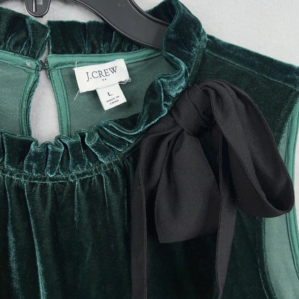 Blusa J Crew para mujer grande verde esmeralda terciopelo lazo cuello volantes top vacaciones mujer Foto 4 de 4
