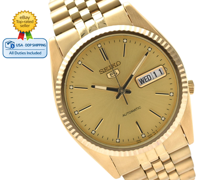 NEAR MINT] SEIKO 5 7S26-0500 Day Date 36mm Gold Dial AT Watch From