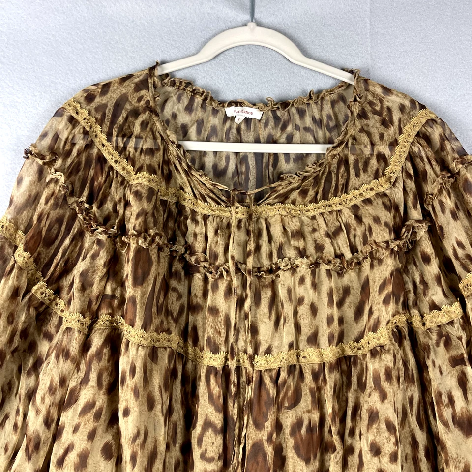 Sundance Leopard Silk Top Womens Large Tan Dolman Sleeve Smocked Sheer Lace Boho - Image 2 of 4
