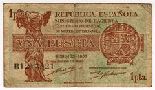 1937 Spain 1 Peseta B1213521 Paper Banknote Money Currency