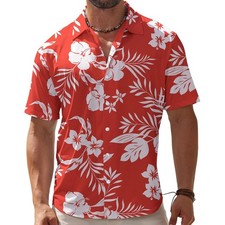 Red Tropical Floral Beach Vacation Shirts Wrinkle Free Hawaiian for Family