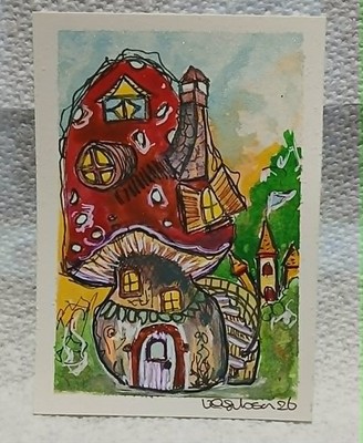 OOAK Watercolor ACEO Enchanted Redcap Mushroom House Naive Outsider Art Virginia