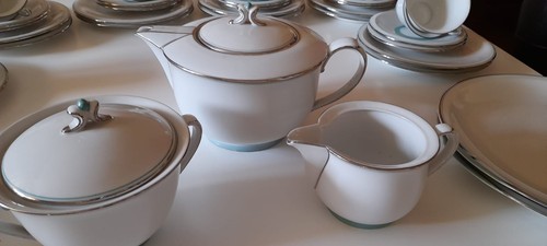 Service à café Pirkenhammer Czechoslovakia 42 pièces menthe argent porcelaine ancienne - Photo 3/5