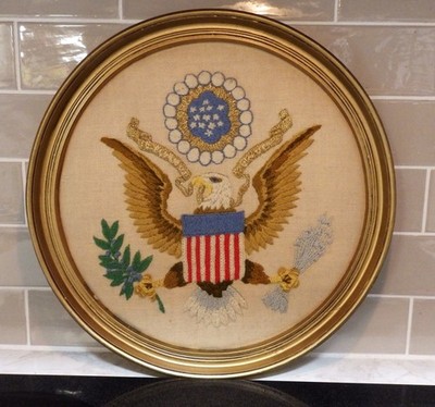Vintage USA Patriotic EAGLE Wall Art Wool Gold Thread Linen Needlepoint 13''